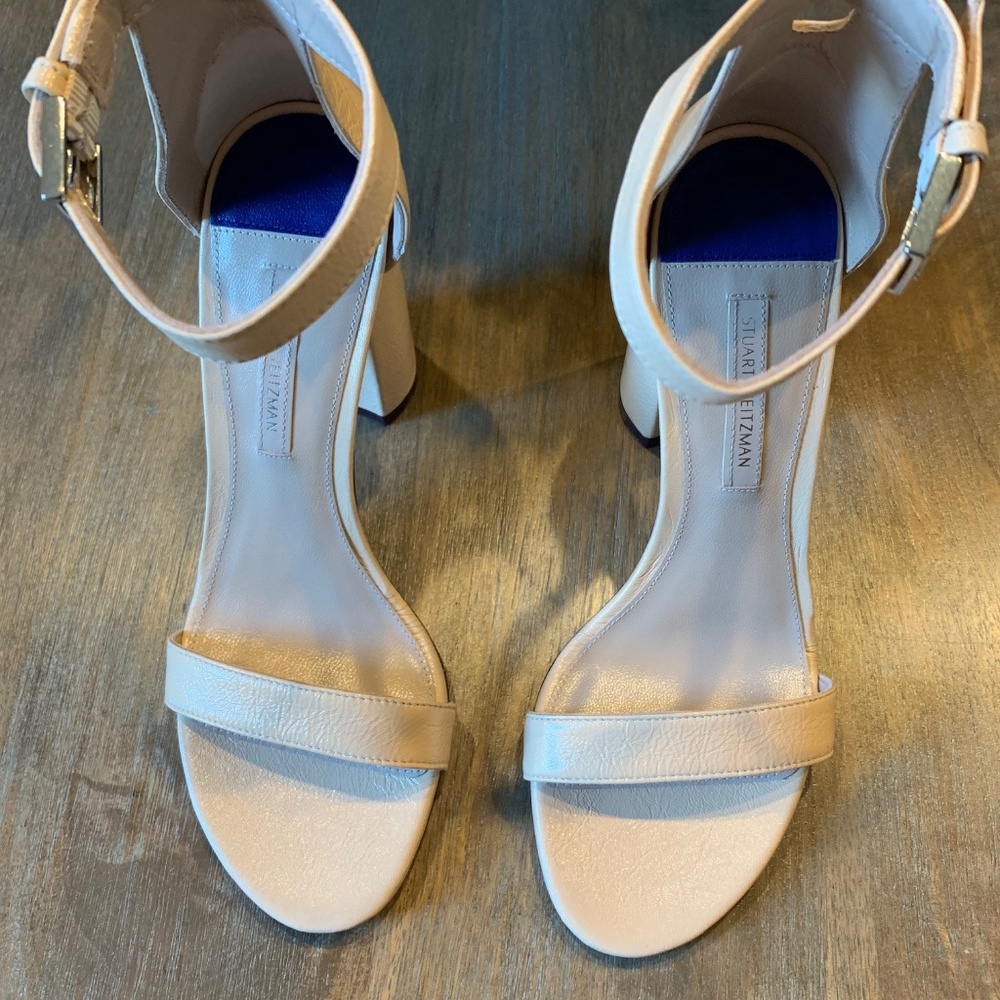Stuart Weitzman Cream Leather Block Heel Sandals